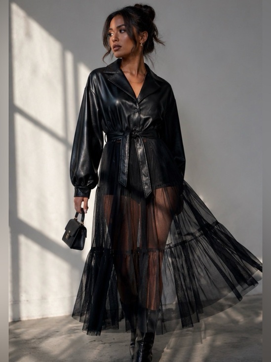 AKIRA Jackets & Blazers - AKIRA Faux Leather & Sheer Chiffon Trench Coat Dress Black Size Small